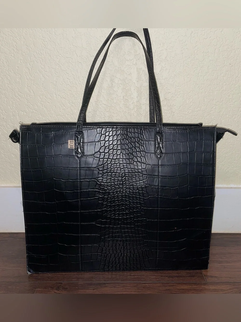 BEIS Black Croc-Embossed Structured Work Tote